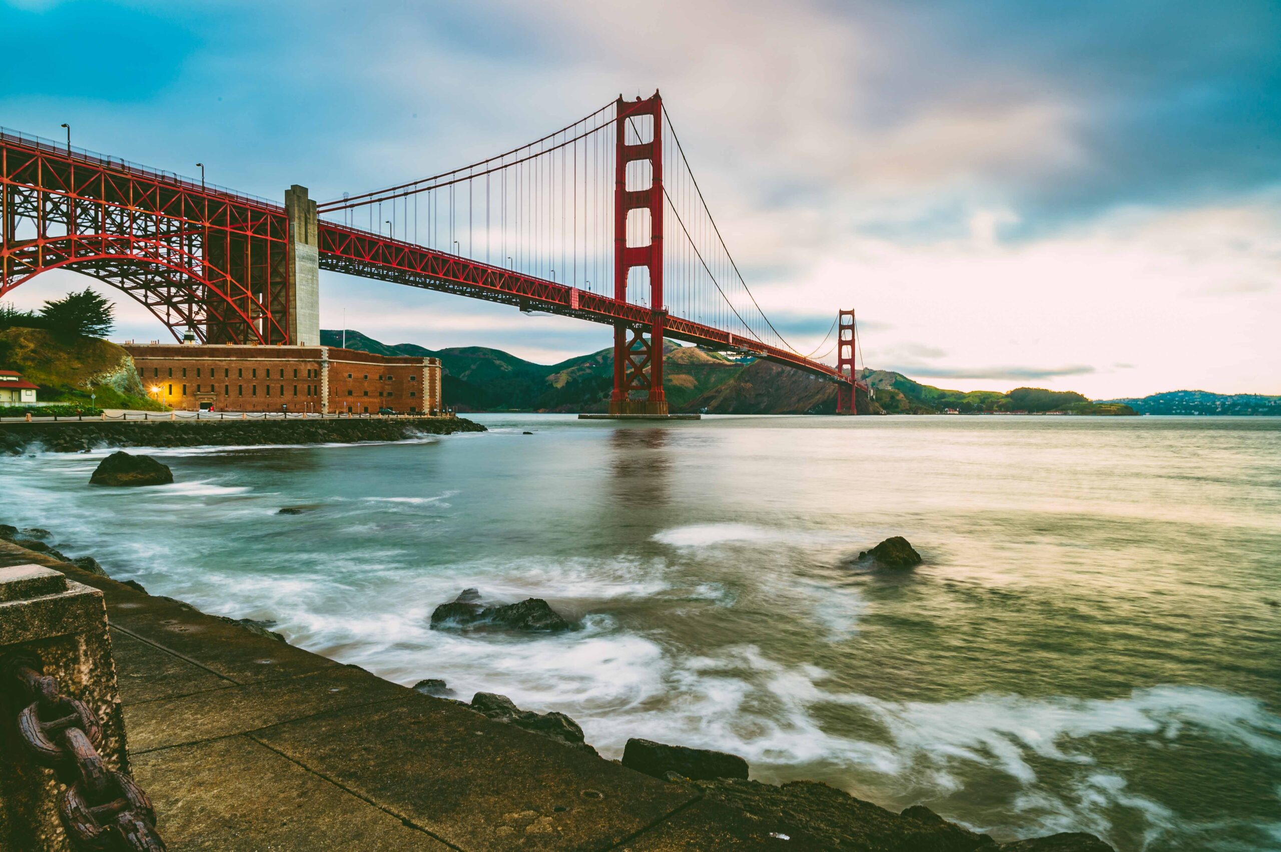 San Francisco Bay bridge with white water